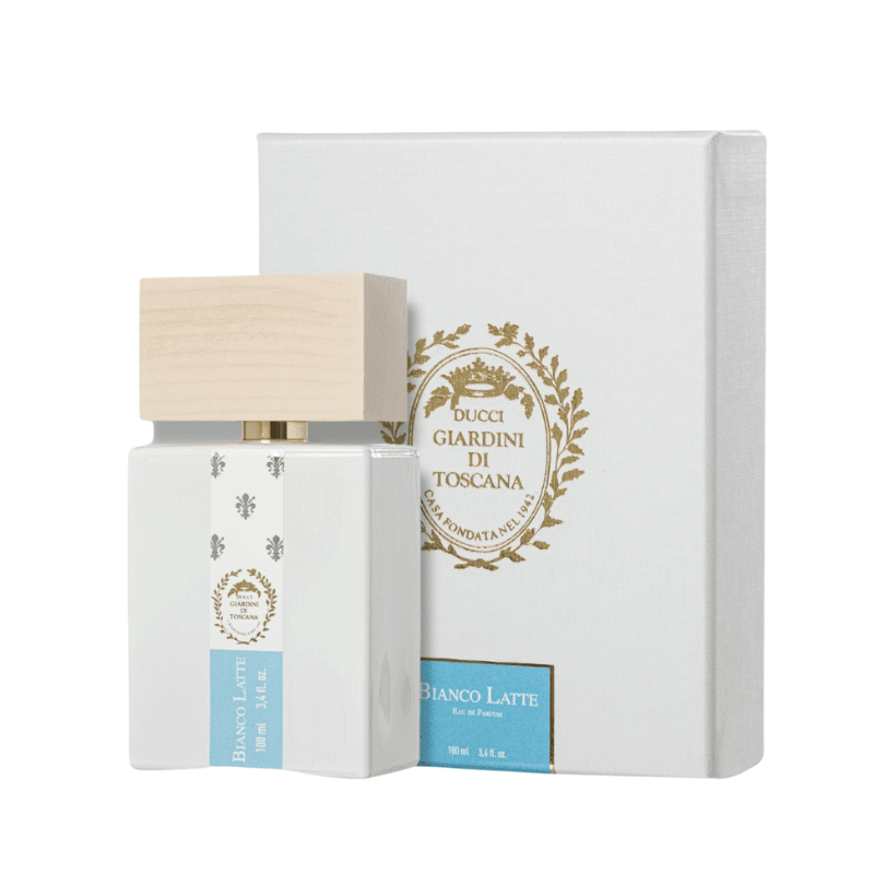 Thiết kế chai Giardini Di Toscana Bianco Latte EDP – Chai thủy tinh trắng vuông vắn với nắp gỗ góc cạnh sang trọng